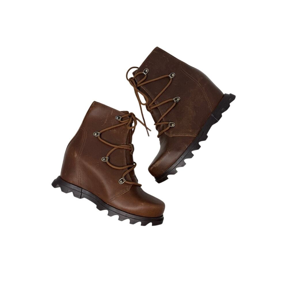 Sorel Joan Of Arctic Wedge III Brown Leather Lace Up Boots Women Size 7.5